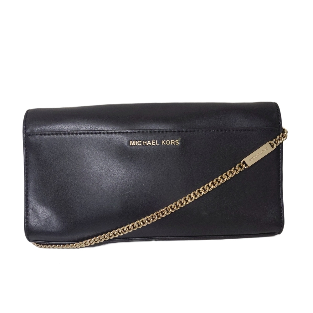 Michael Kors Bellamie COOL Black Leather Crossbody Clutch with Gold Chain - Picture 3 of 15
